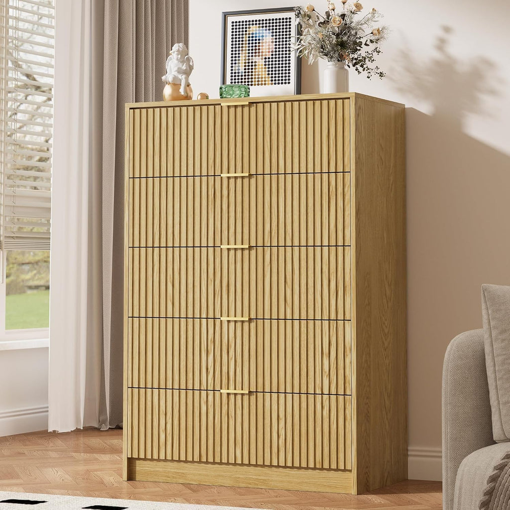 MAISONARIA 3-Piece Dresser Bedroom Set, 5 Drawer Dresser & 2 Drawer Nightstands with Gold Handles, Fluted Wood Chest of Drawers for Bedroom, Living Room, Entryway, Nature