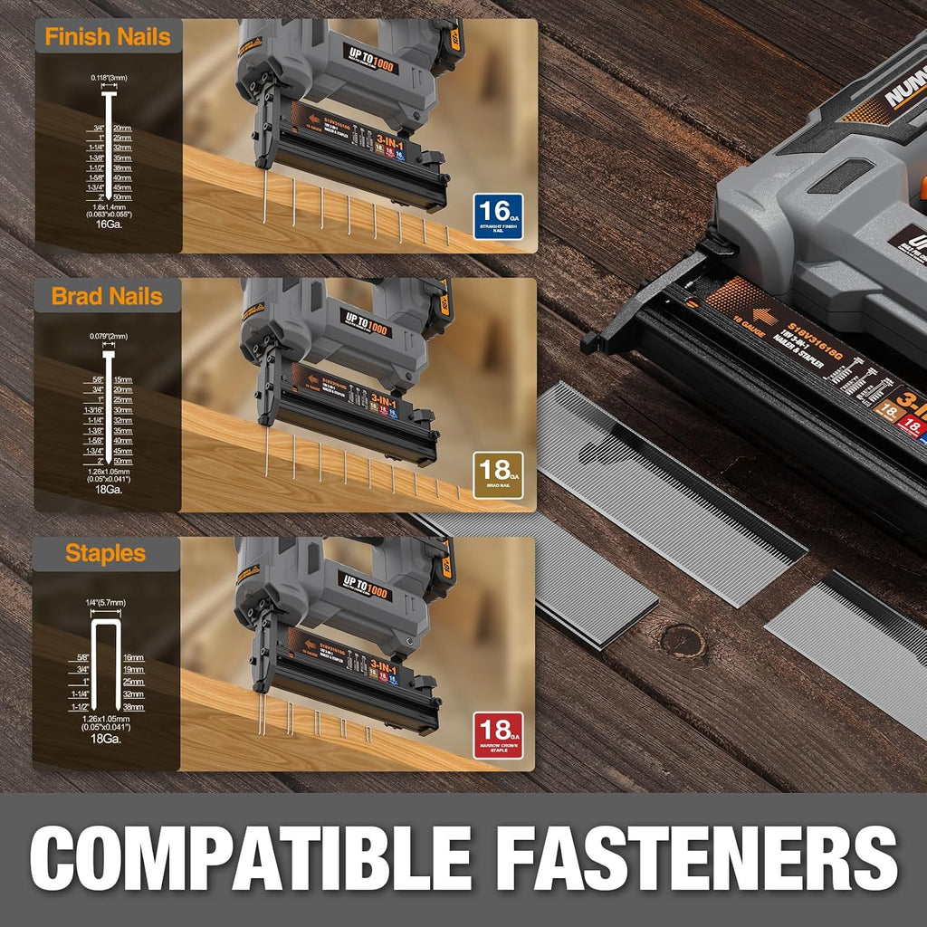 NuMax 18V Cordless 3-in-1 Nail Gun Kit – 2' 16 & 18 Gauge Finish Nailer, Brad Nailer, and Narrow Crown Staple Gun – Includes Battery, Charger & Fasteners – S18V31618G