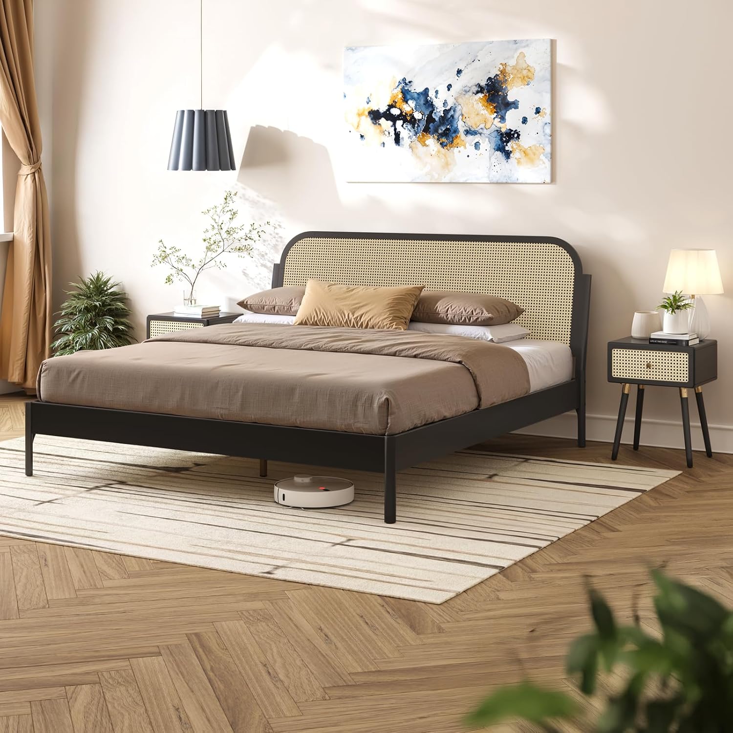 Bme Aurelia King Bed Frame, Solid Acacia Wood, Boho & Mid-Century Modern Style, Rattan Headboard, US Patent Pending Design, Slat Support and No Box Spring Needed, 800 lbs Support, Easy Assembly, Black