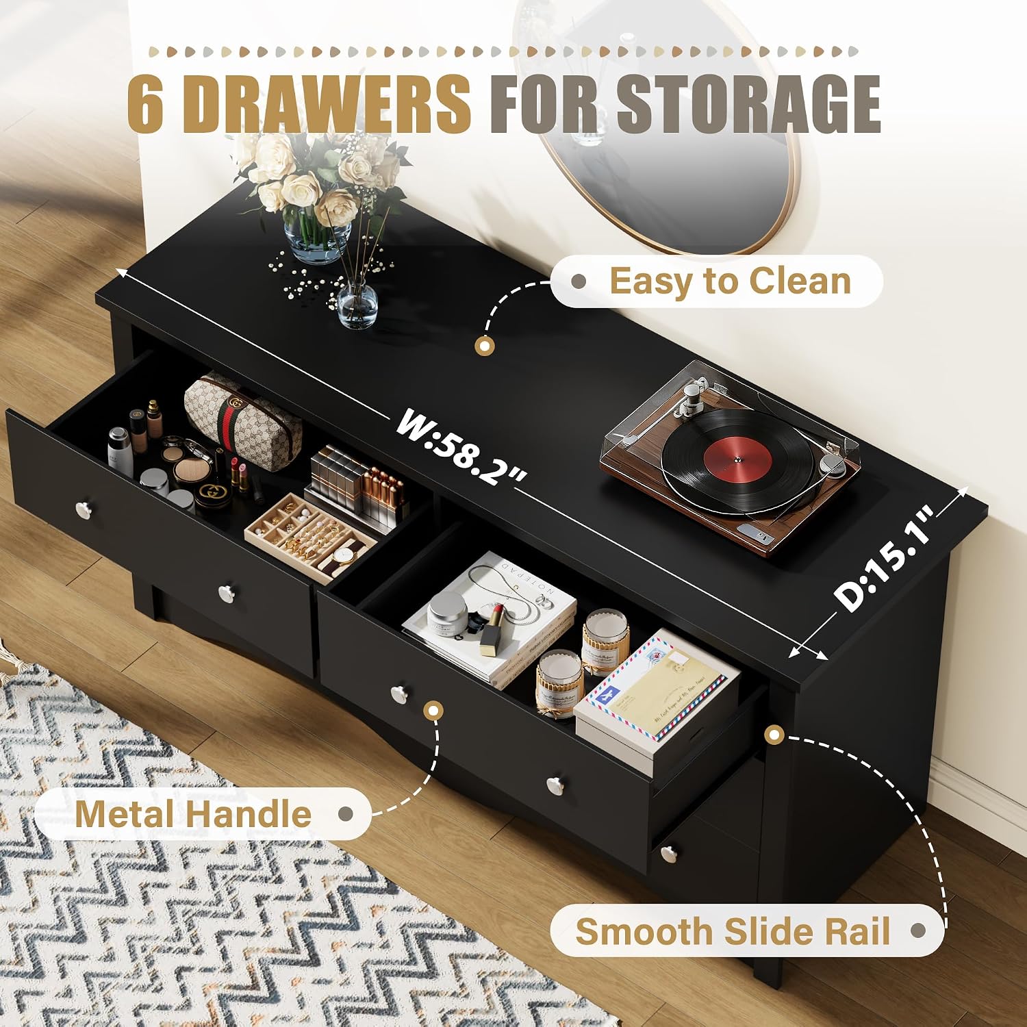 YESHOMY Dresser for Bedroom with 6 Drawers, 47.2' Modern Chest of Drawers, Wooden Dressers, TV Stand for Living Room,Closet, Hallway (Black)