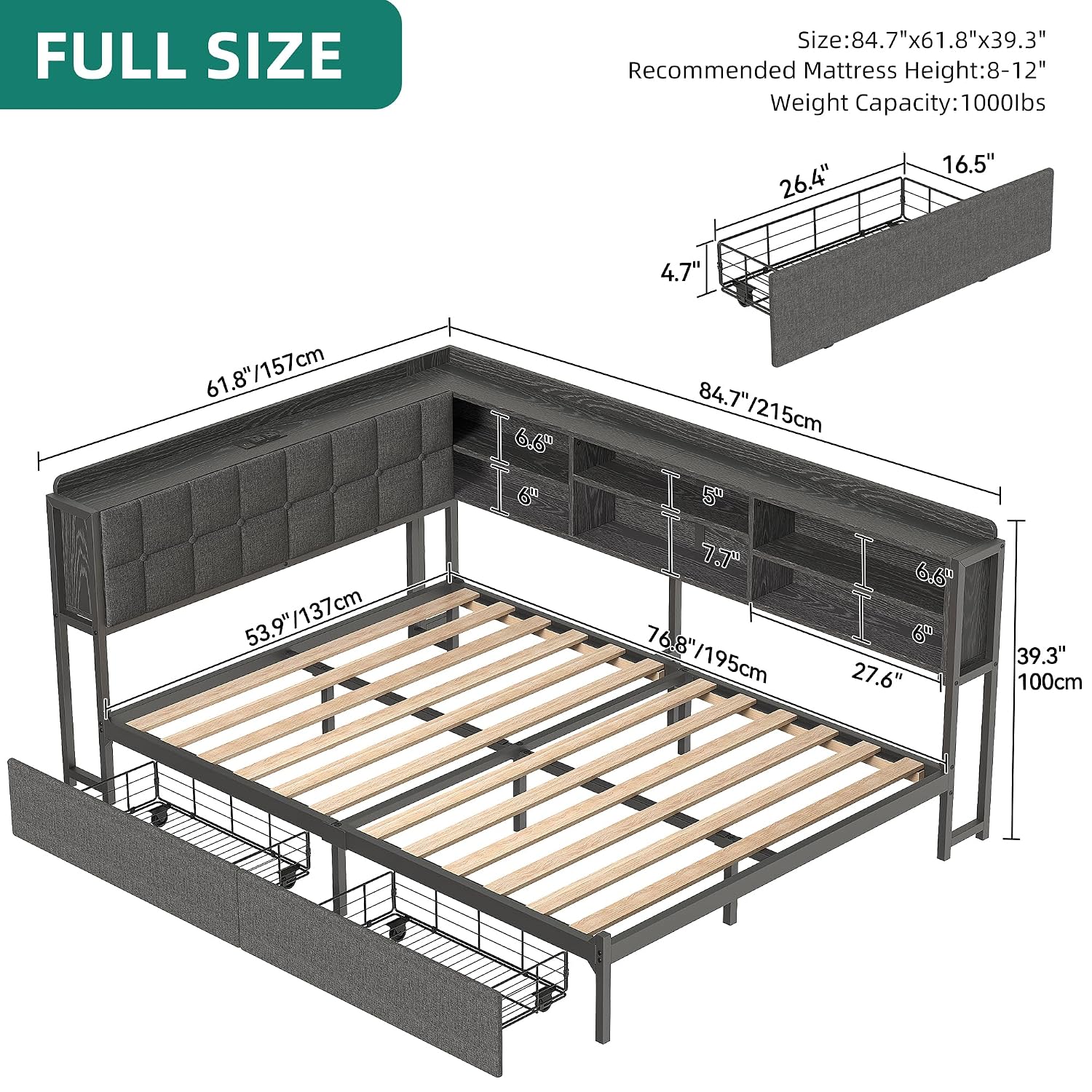 Full Corner Bed Frame with Storage Drawers and Bookcase & Flip-up Storage Headboard, Full Size Platform Corner Bed Frame with Charging Station and LED Lights, Full Daybed for Dorm or Guests, Grey