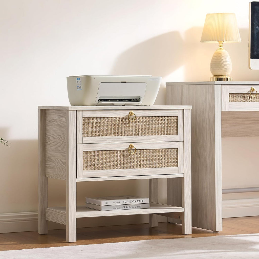 SICOTAS Boho Rattan Nightstand Set of 2, 26.7' Extra Wide Bedside Table with 2 Drawers & Open Shelf, White Oak Large Side Table for King Size Bed, Modern Coastal End Table for Master Bedroom