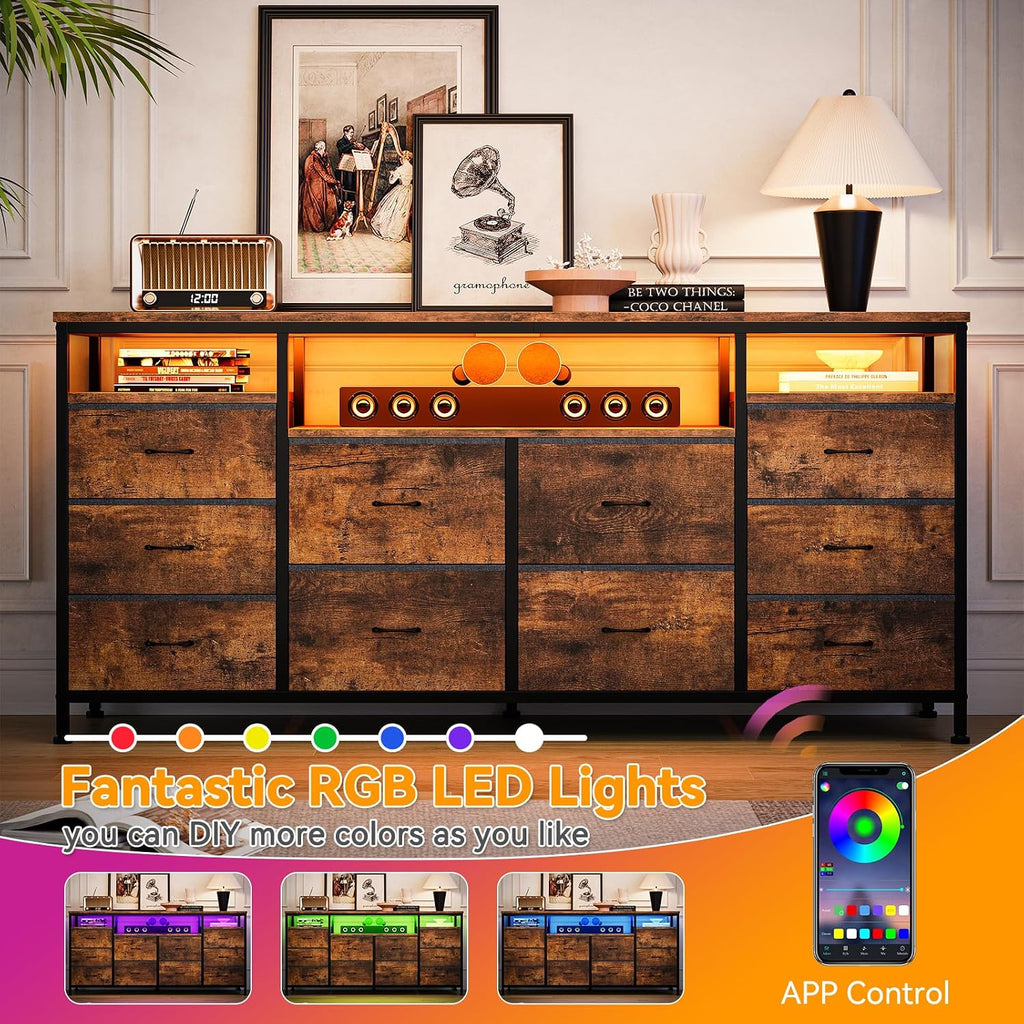 63.3 in Dresser for Bedroom, 10 Drawer Dresser TV Stand for 65 70 75 in TV, Fabric Chest of Drawers with LED Lights & Power Outlets, Long Entertainment Center for Closet, Living Room, Entryway