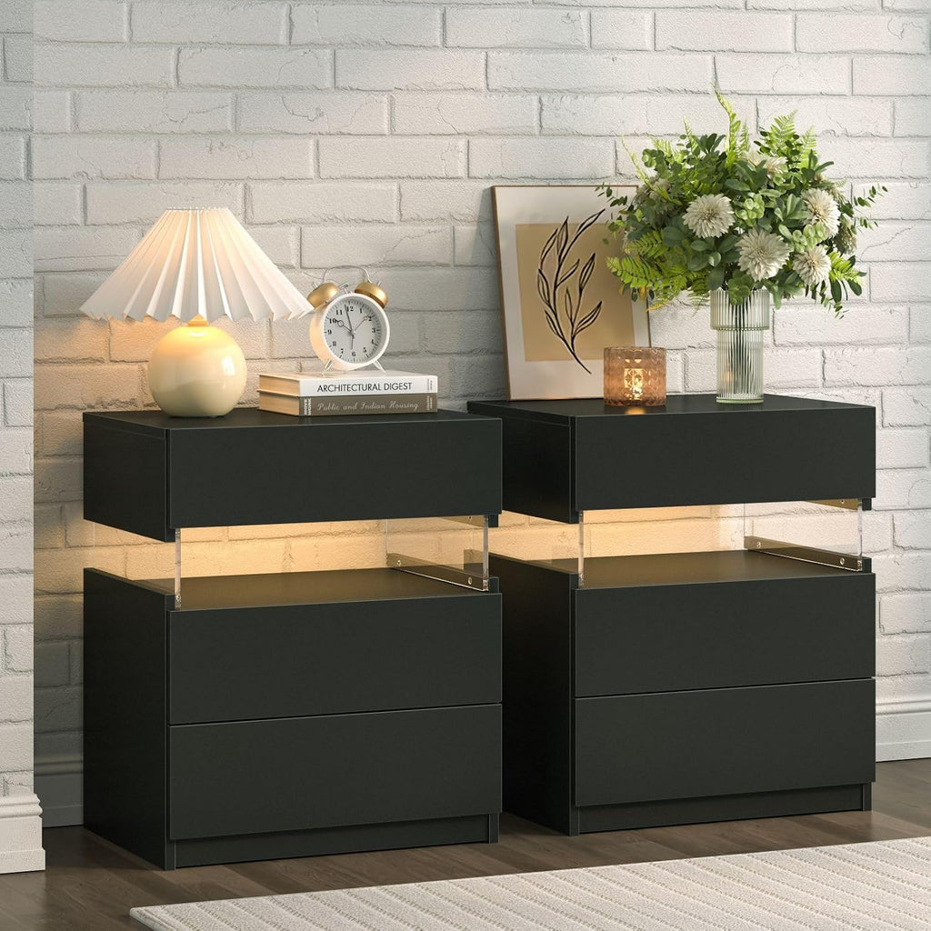 i-aplus Black LED Nightstand Set of 2,Night Stand Set 2,Modern Night Stand with 3 Drawers,Night Stands for Bedroom Set of 2,Bedside Table with Silent Slide Drawer
