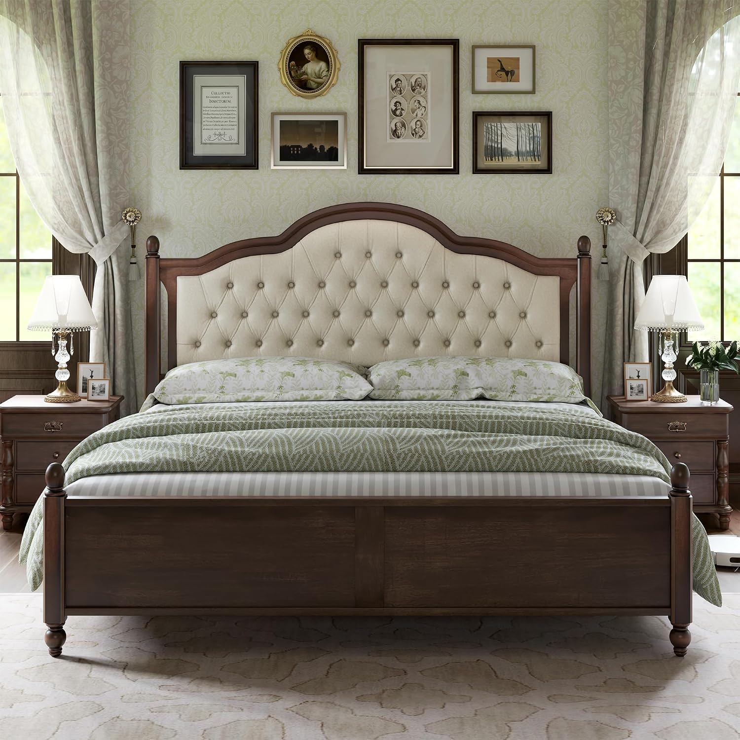 AMERLIFE King Size Solid Wood Bed Frame, Transitional Platform Bed with 52.5' Upholstered Tufted Headboard, Rubberwood/Roman Column Accents/Wood Slat Support/No Box Spring Needed