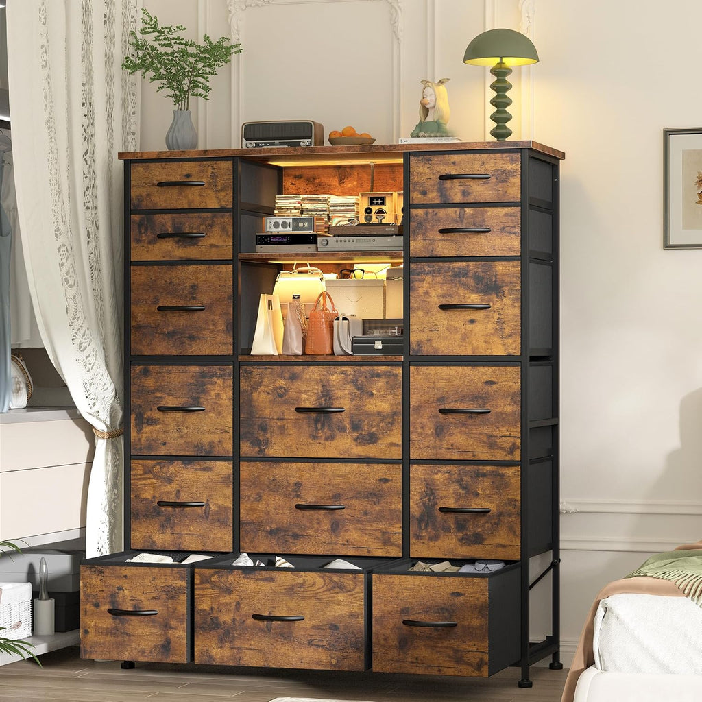 EnHomee 51' H Dresser with 15 Drawers Dresser for Bedroom with Charging Station & LED Lights & Hutch Sturdy Fabric Bedroom Dressers, Steel Frame, Wood Top, Rustic Brown, 51.2' H x 39.3' W x 11.8' D