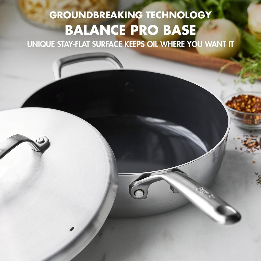 GP5 5-Ply Stainless Steel 4QT Sauté Pan with Lid, Ceramic Nonstick PFAS-Free, Helper Handle, Induction Suitable, Dishwasher and Oven Safe