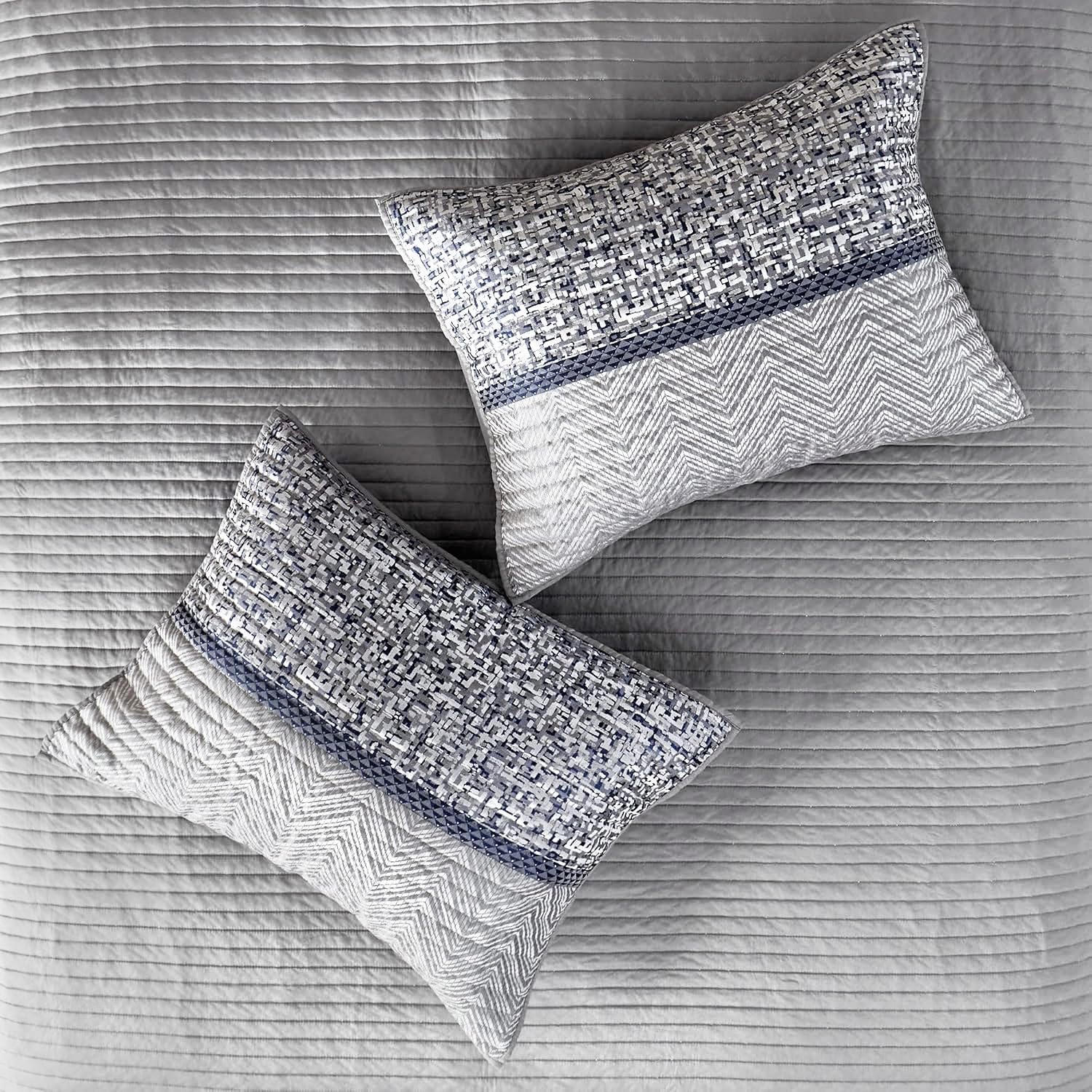Madison Park Queen Quilt Set Lustrous Jacquard & Glitter Accent Coverlet Set for Queen Size Bed - All Season, Lightweight Queen Quilt Set, Shams, Decorative Pillow, Full/Queen Chevron Grey/Navy