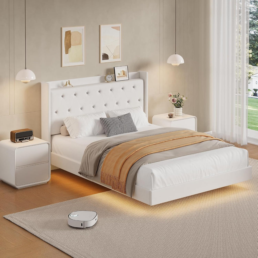 IDEALHOUSE Queen Size Bed Frame with LED Lights, Floating Platform Bed with Velvet Upholstered Storage Headboard, No Box Spring Needed, Noise Free, Easy Assembly