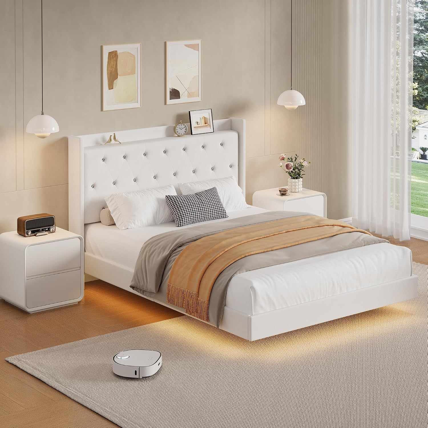 IDEALHOUSE Queen Size Bed Frame with LED Lights, Floating Platform Bed with Velvet Upholstered Storage Headboard, No Box Spring Needed, Noise Free, Easy Assembly
