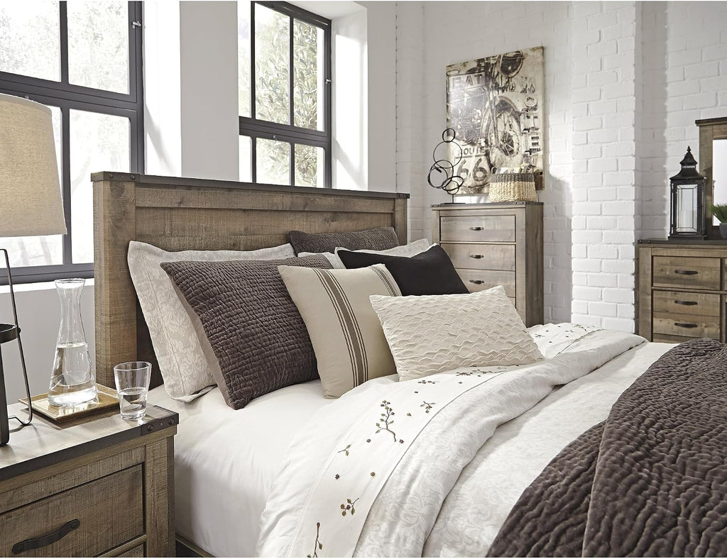 Signature Design by Ashley Trinell Casual Queen Panel Bed with Metal Slats and Nailheads, Foundation or Box Spring Needed, Dark Brown