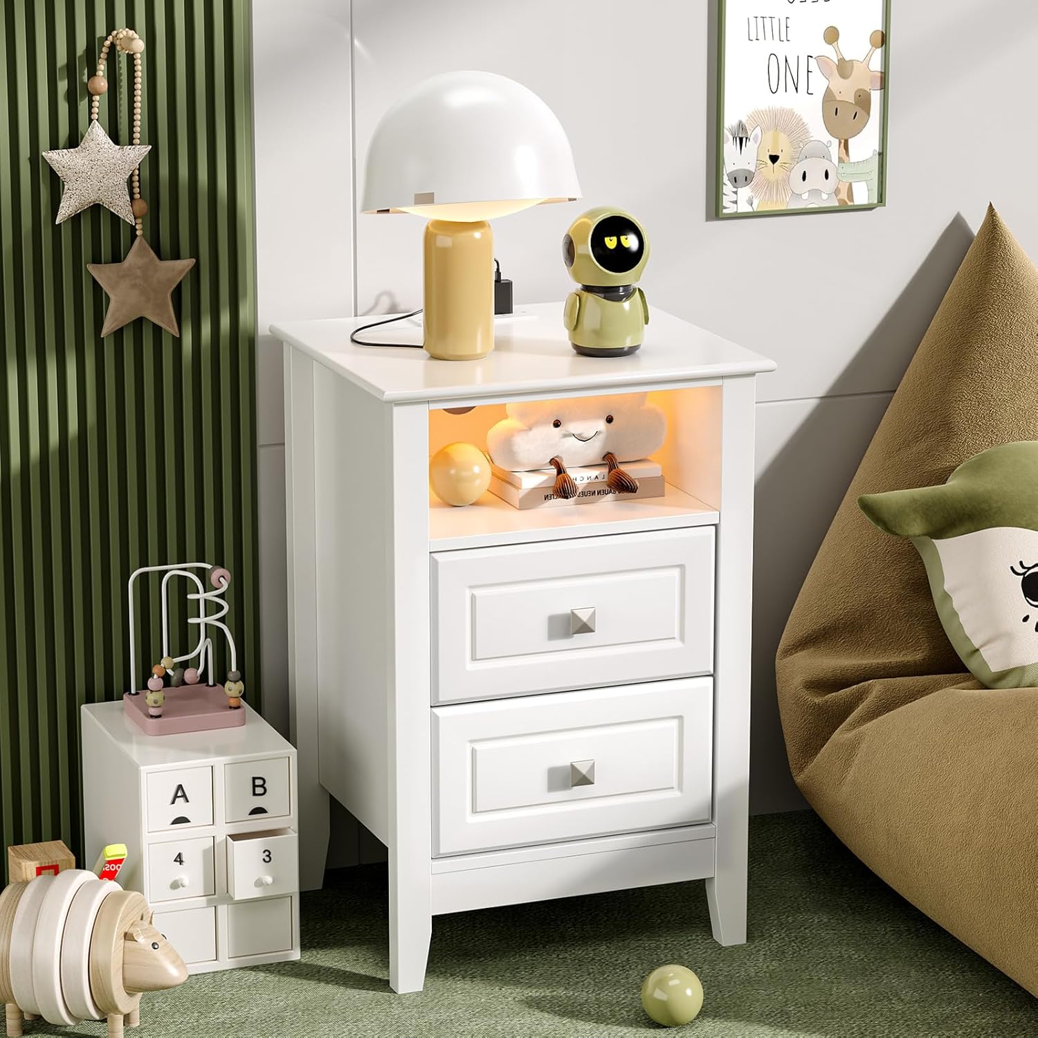Bonnlo White Nightstand Set of 2 with Charging Station & Led Lights Night Stands White Bedside Table, Wooden Nightstands with Drawers, Modern Nightstand for Bedroom, 15.75' W*13.78' D*23.62' H