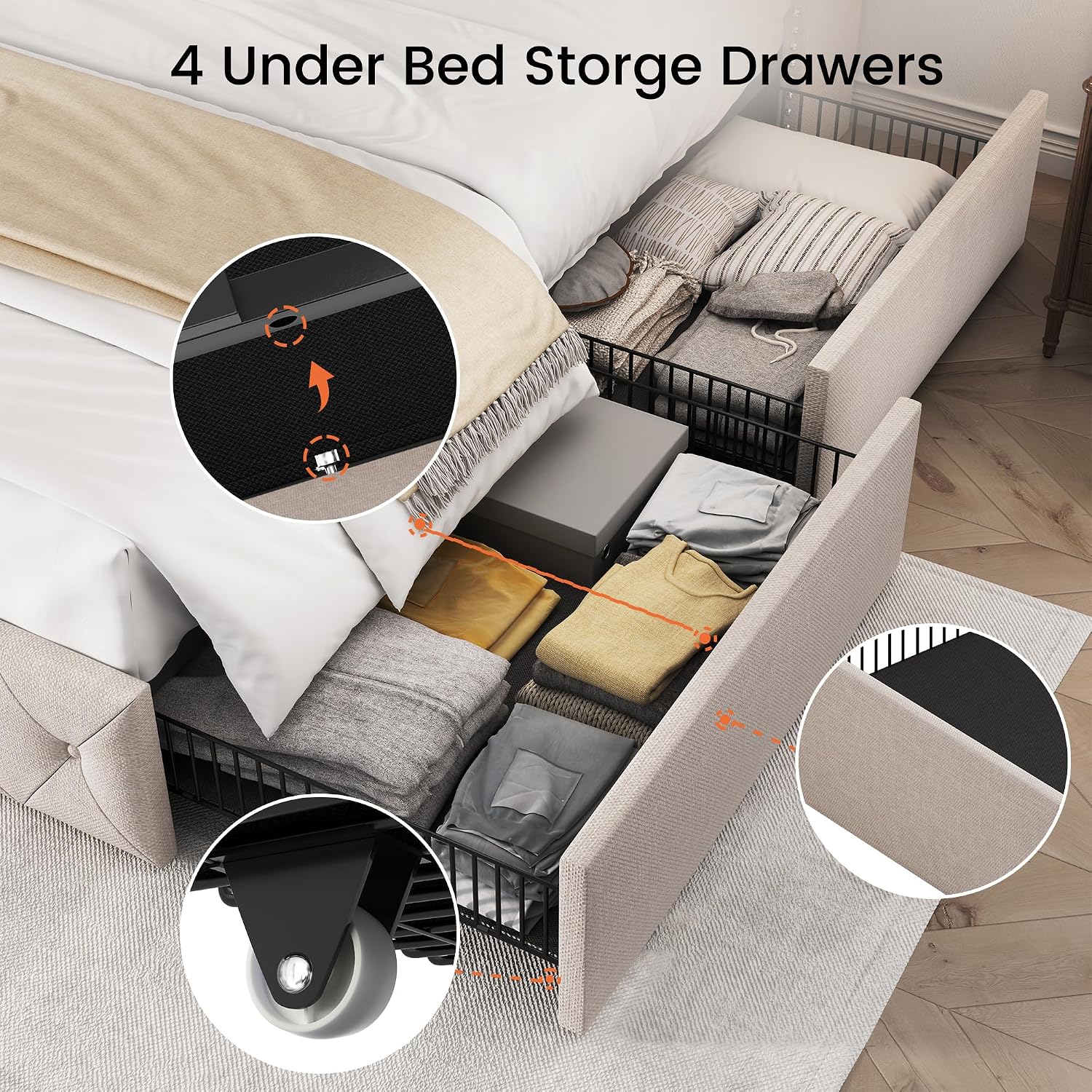 LARMACE King Size Bed Frame with 4 Storage Drawers and 47.2' Tall Tufted Headboard Linen Upholstered Platform Bed Frame Wingback Beds with Wooden Slats Support, Easy Assembly, Beige