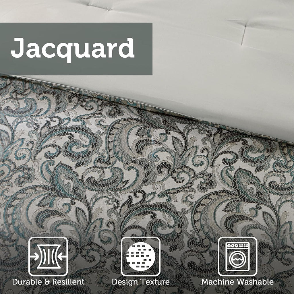 Madison Park 24 Piece Faux Silk Paisley Queen Comforter Set with Matching Curtains, Down Alternative Hypoallergenic - Teal, Queen (90 in x 90 in)