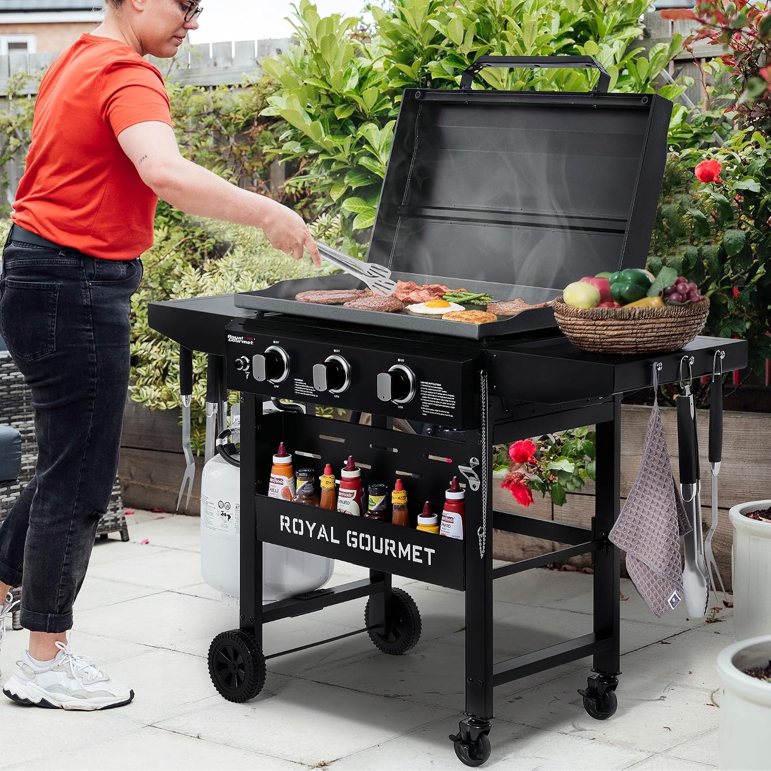 Royal Gourmet GB3000PB 3-Burner Gas Griddle with Hood, Griddle with Collapsible Side Shelves, 39,000 BTU, 492 Sq. In. Cooking Area, Electronic Ignition, Swivel Wheels with Brakes, Black