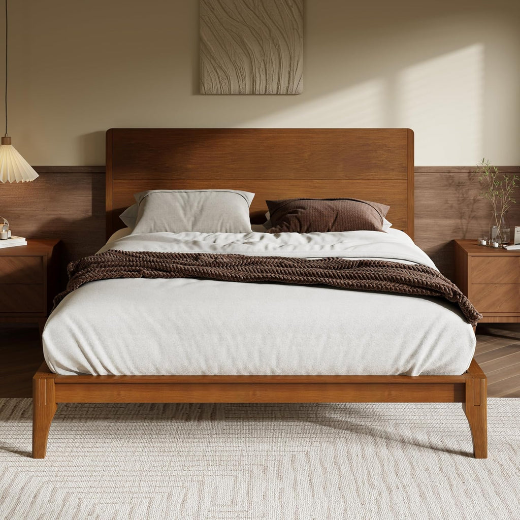 Merax Full Size Bamboo Platform Bed, Mid-Century Modern Bed Frame with Tall Headboard, Solid Sustainable Bedframe Full-Size, Wood Slat Support, No Box Spring Needed, Easy Assembly, Noise Free, Brown