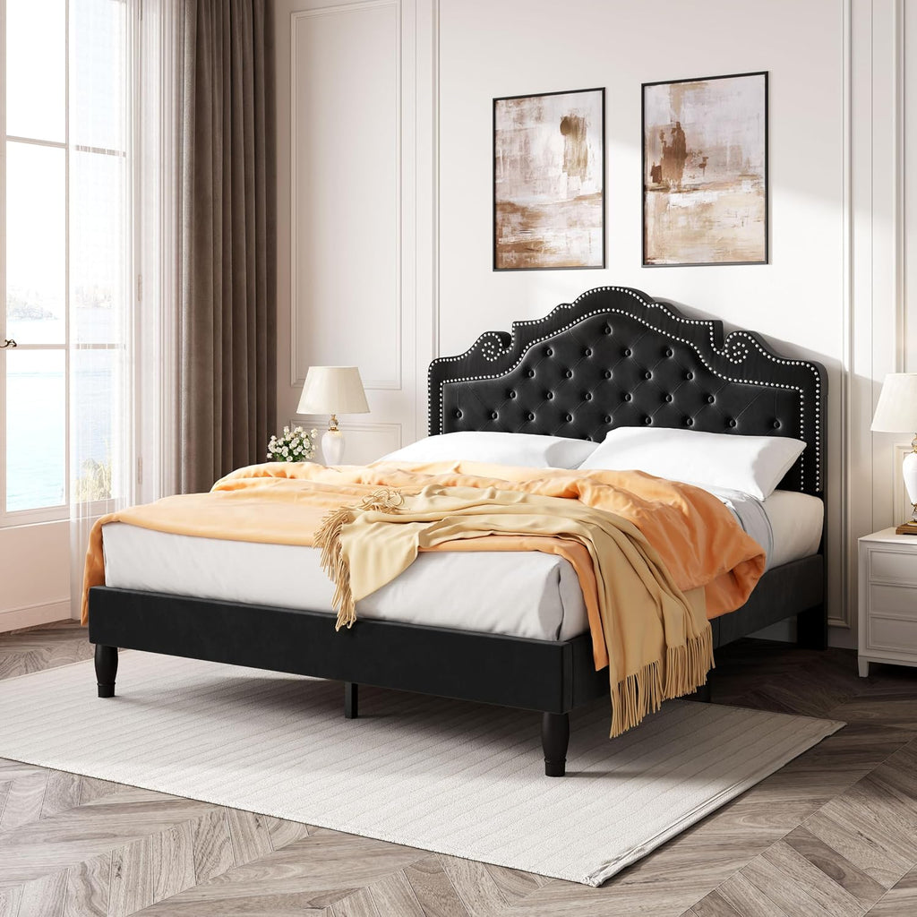 SHA CERLIN Full Size Bed Frame with Adjustable Headboard/Velvet Upholstered/Diamond Button Tufted and Metal Studs/No Box Spring Needed/Wood Slat Support/Easy Assembly/Black