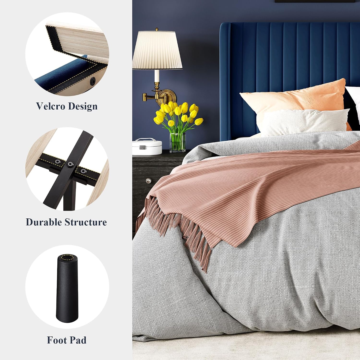 Allewie King Size Velvet Bed Frame/Vertical Channel Tufted Wingback Headboard/Upholstered Platform Bed/Strong Wooden Slats/No Box Spring Needed/Easy Assembly/Blue