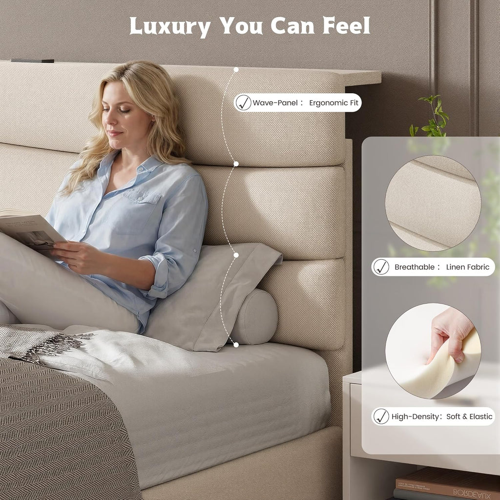 EnHomee Queen Bed Frame with Adjustable Height Upholstered Headboard, 3 USB Charging Ports, Noise-Free Platform Bed, No Box Spring Needed, Beige