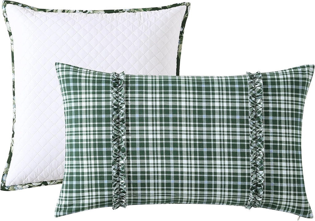 Laura Ashley - King Comforter Set, Soft & Reversible Cotton Bedding, Medium Weight 7 Piece Bed Set with Matching Pillowcases, Euro Shams & Bonus Throw Pillow Covers (Bramble Floral Green)