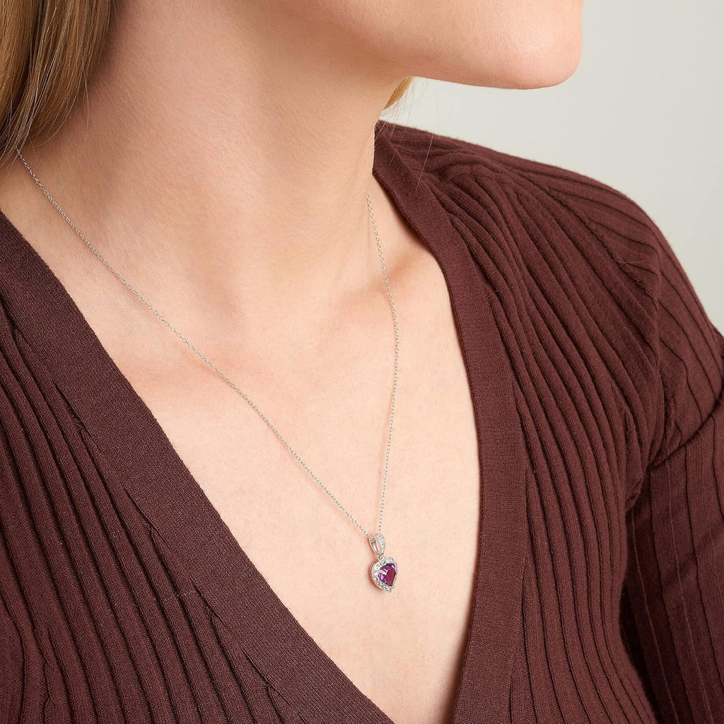 MORGAN & PAIGE .925 Sterling Silver Gemstones and White Sapphire Halo Heart Pendant Necklace, Ring and Stud Earrings for Women Set - Birthstone Jewelry Sets for Women, 18in Cable Chain, Size 7 Ring