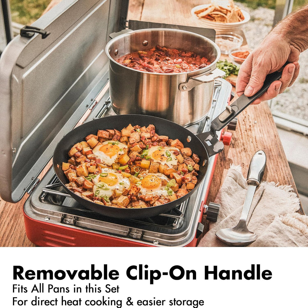 OXO Outdoor 8 Piece Camping Cookware Set, 10' Pre-Seasoned Carbon Steel Frying Pan Skillet, 2.25QT and 5QT Stainless Steel Saucepans with Lids, Removeable Handle, Trivet, Travel Bag, Space-Saving
