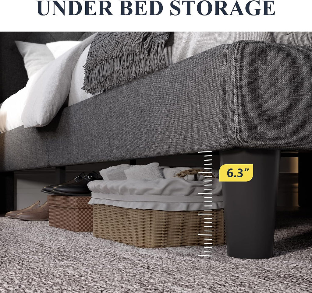 Allewie Full Size Bed Frame with Button Tufted Wingback Headboard, Modern Fabric Upholstered Platform Bed Frame with Strong Wood Slat Support, No Box Spring Needed, Easy Assembly, Dark Grey