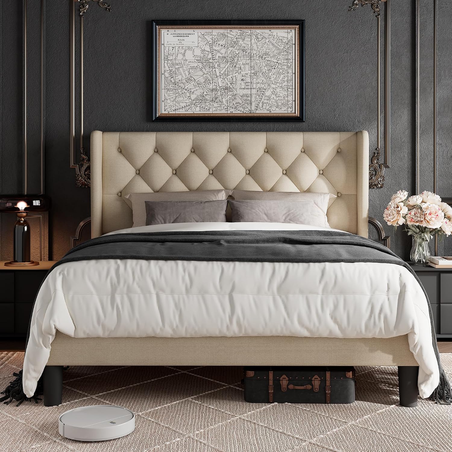 GalnFu Queen Size Bed Frame with Button Tufted Upholstered Headboard, Platform Bed Frame w/Sturdy Base Supports, Noise Free, No Box Spring Needed, Easy Assembly, Beige