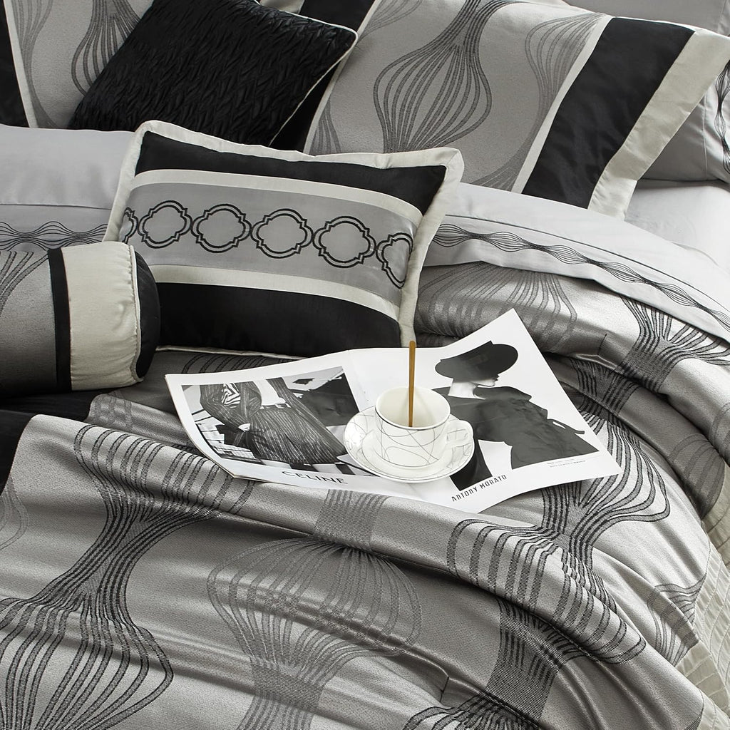 Stratford Park Elegant Black and Silver Comforter Set Califirnia King Size, Striped,15 Piece Room-in-A-Bag, Jacquard Bedding Set, All Season, Matching Decorative Pillows, Pillow Sham, Curtains