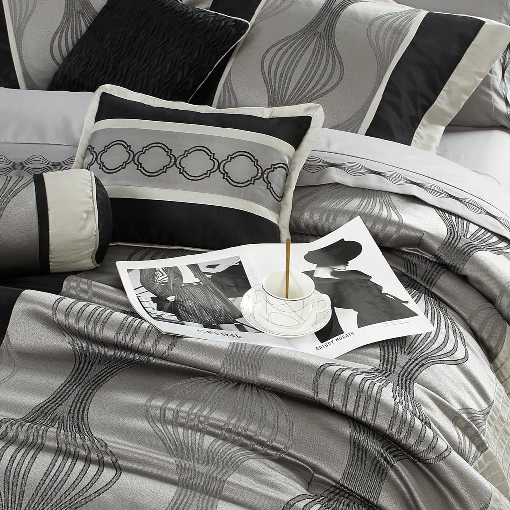 Stratford Park Elegant Black and Silver Comforter Set King Size, Striped,15 Piece Room-in-A-Bag, Jacquard Bedding Set, All Season, Matching Decorative Pillows, Pillow Sham, Curtains