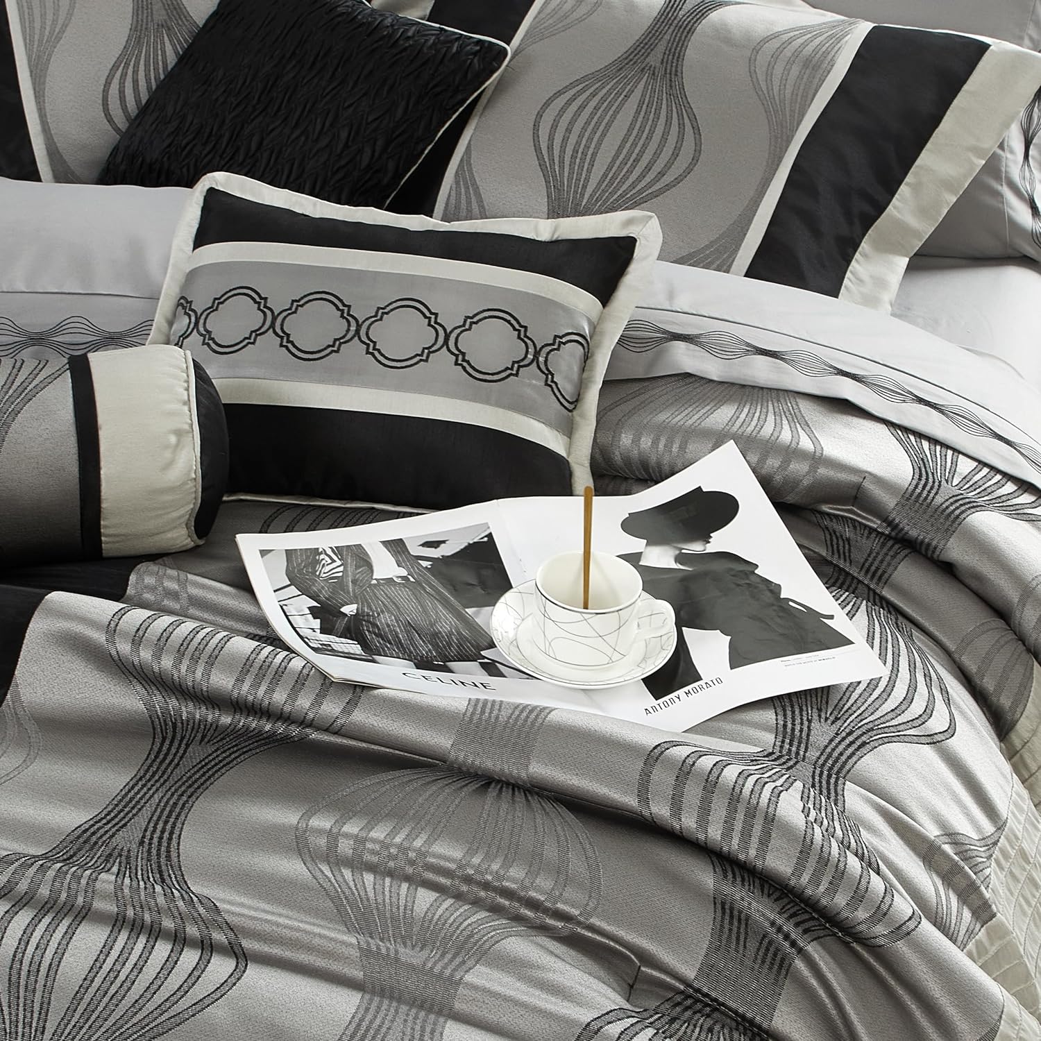 Stratford Park Elegant Black and Silver Comforter Set King Size, Striped,15 Piece Room-in-A-Bag, Jacquard Bedding Set, All Season, Matching Decorative Pillows, Pillow Sham, Curtains