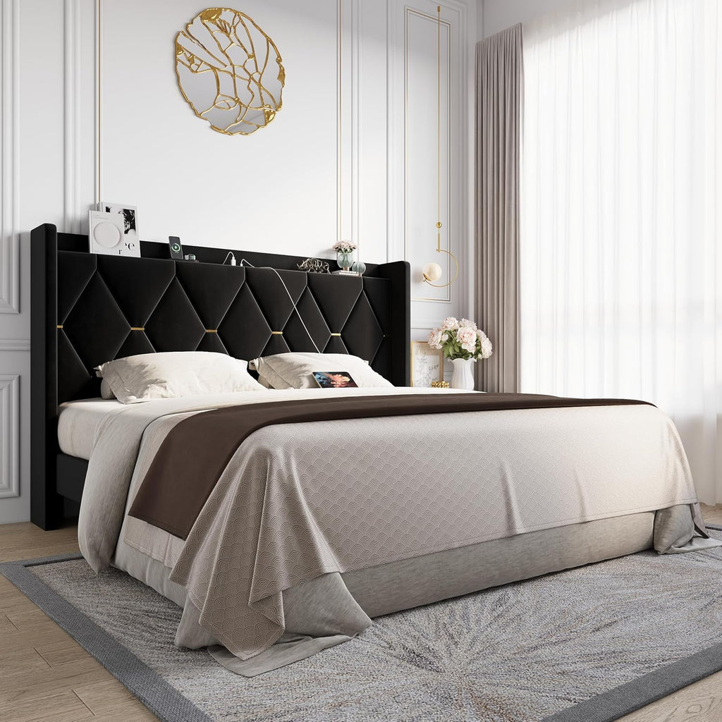 Allewie Velvet King Size Upholstered Bed Frame with Wingback Storage Headboard & Charging Station, Platform Bed with Diamond Tufted Design & Gold Trim, No Box Spring Needed, Easy Assembly, Black