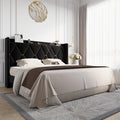 Allewie Velvet King Size Upholstered Bed Frame with Wingback Storage Headboard & Charging Station, Platform Bed with Diamond Tufted Design & Gold Trim, No Box Spring Needed, Easy Assembly, Black