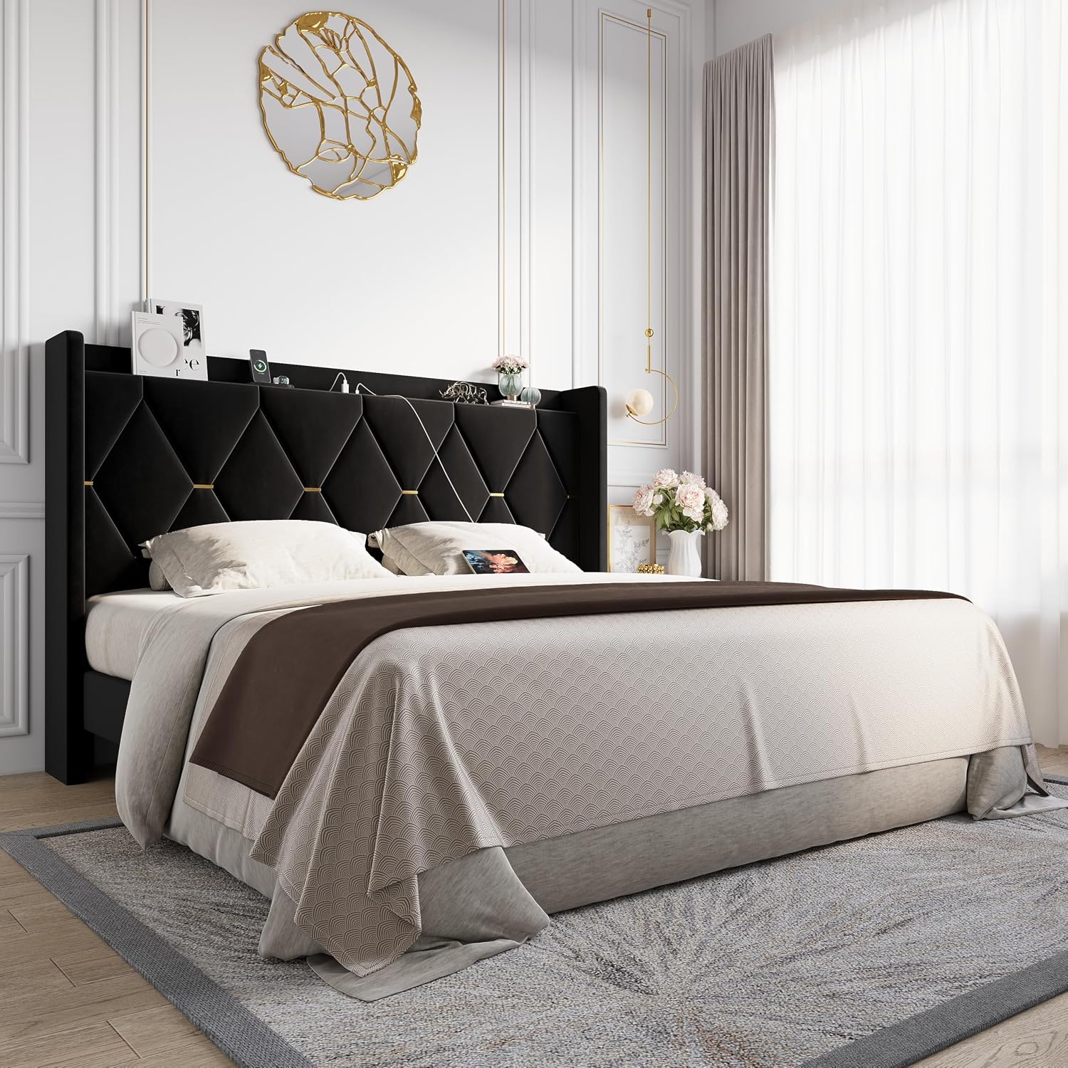 Allewie Velvet King Size Upholstered Bed Frame with Wingback Storage Headboard & Charging Station, Platform Bed with Diamond Tufted Design & Gold Trim, No Box Spring Needed, Easy Assembly, Black