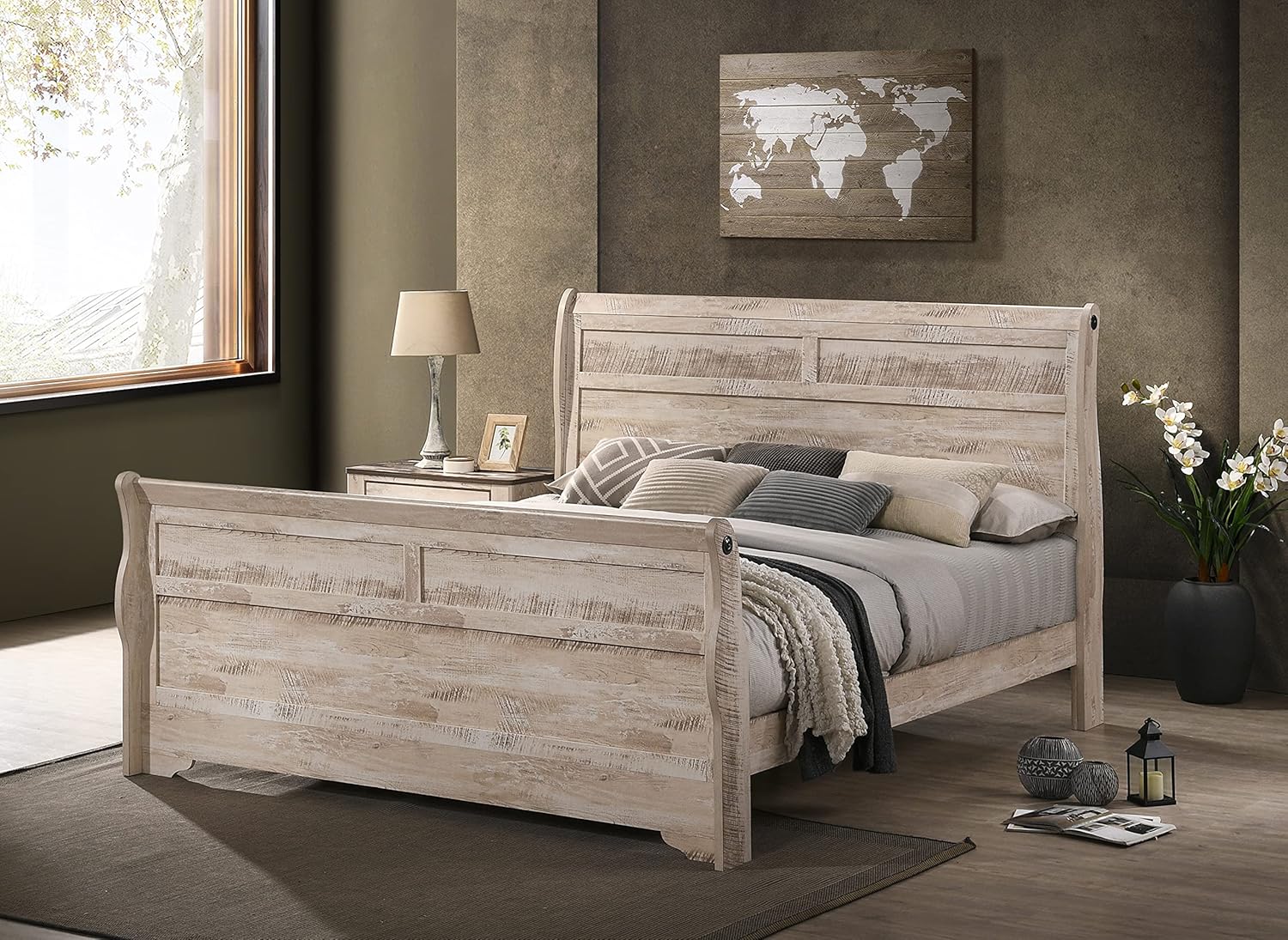Roundhill Furniture Imerland Contemporary White-wash Finished 5-Piece Sleigh Headboard Bedroom Set, King