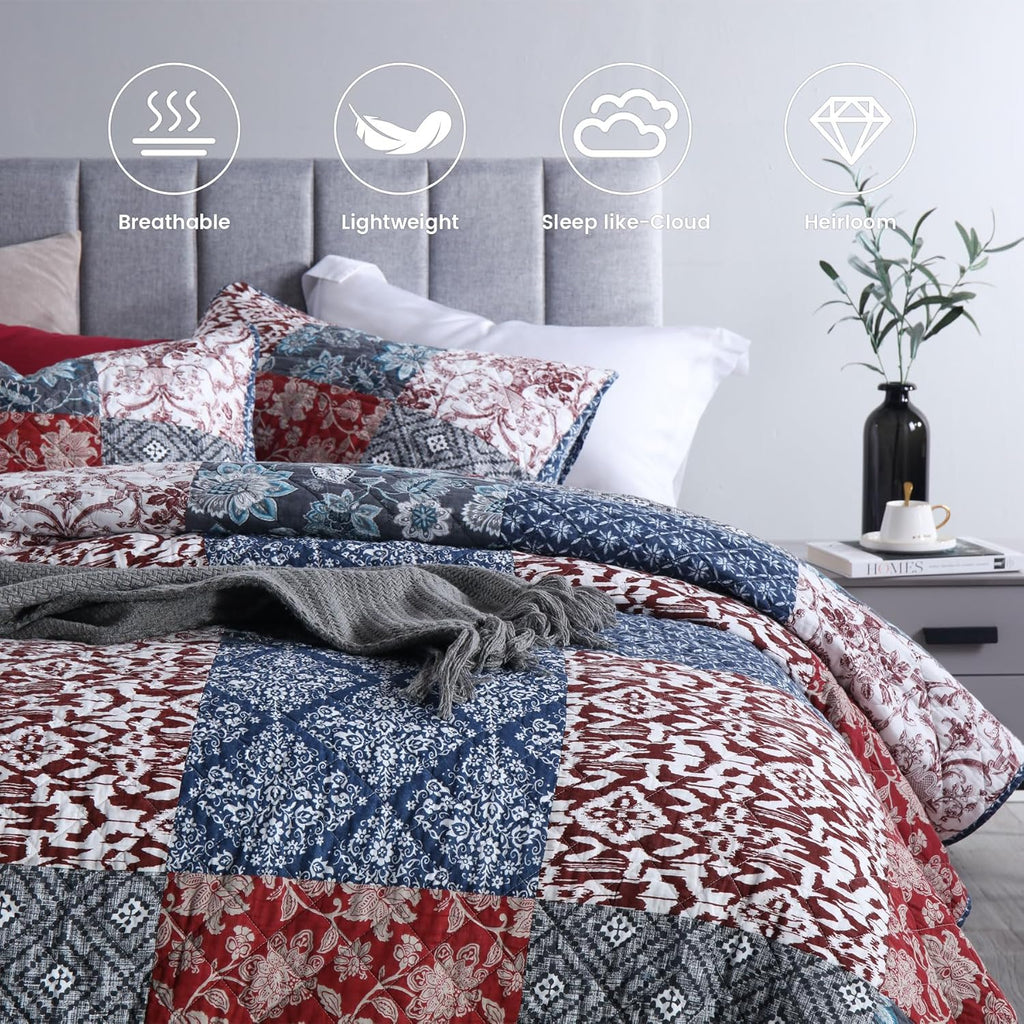Secgo Queen Comforter Set for Bed - 100% Cotton Quilts Queen Size, Burgundy Bedspreads (90 * 98 Inch) with 2 Pillow Shams, Patchwork Reversible Lightweight Bedding
