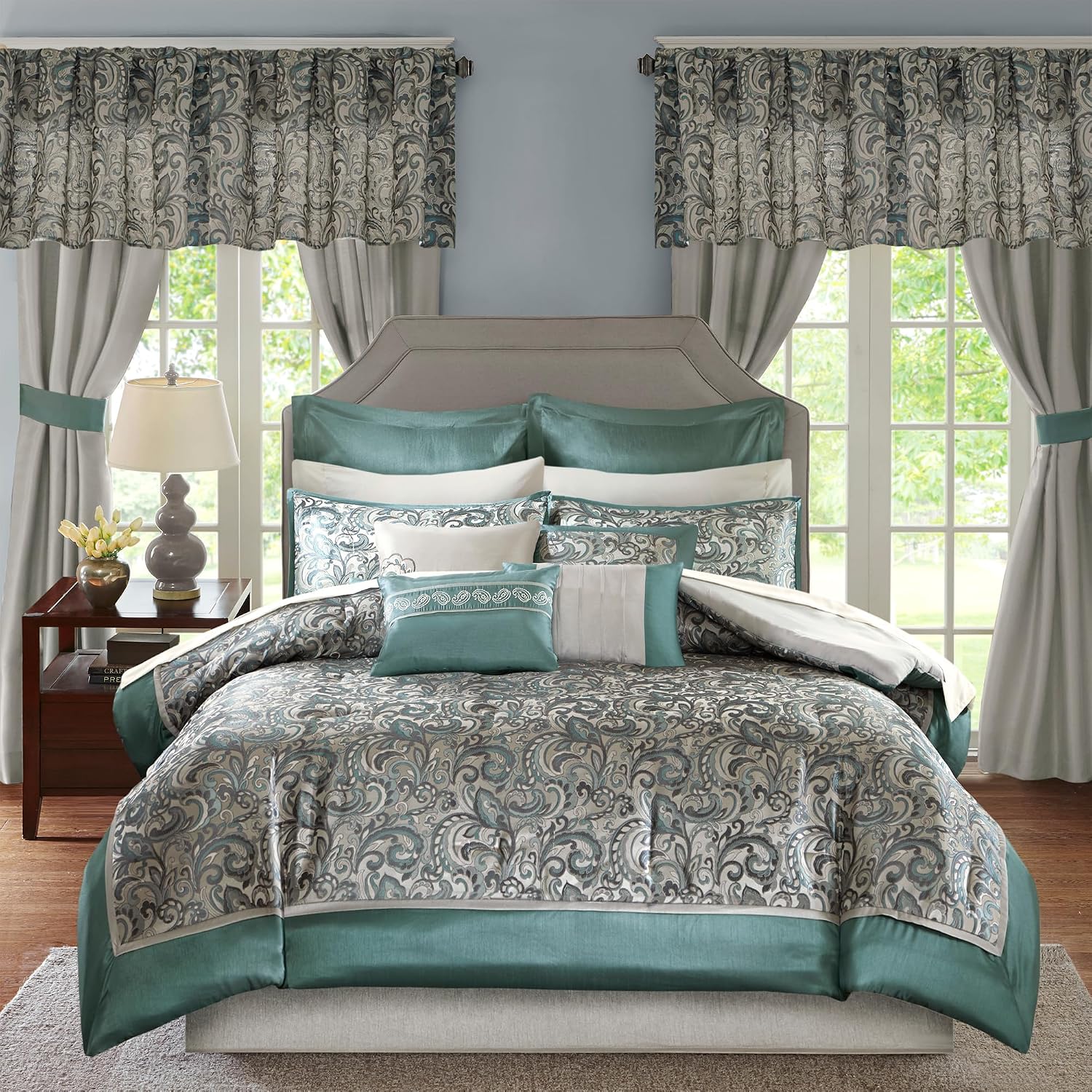 Madison Park 24 Piece Faux Silk Paisley Queen Comforter Set with Matching Curtains, Down Alternative Hypoallergenic - Teal, Queen (90 in x 90 in)