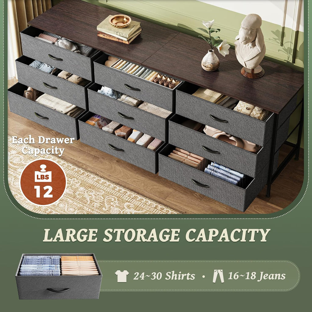 Huuger 63 Inch Dresser for Bedroom, Dresser for Closet with 9 Fabric Drawers, Large TV Stand for 55, 65, 70 Inch TV, Entertainment Center with Storage, Wide Long Chest of Drawers, Walnut and Dark Grey