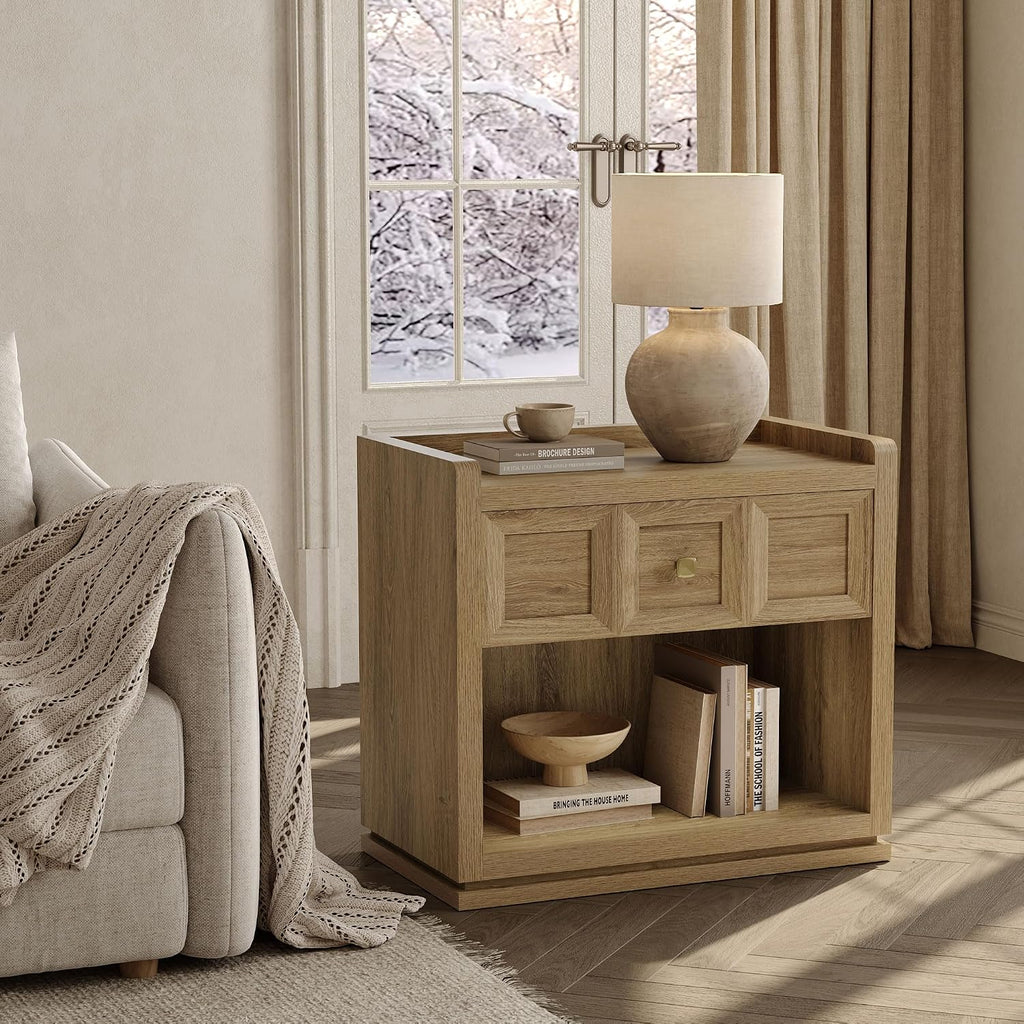 SICOTAS Night Stand Set 2, 26' Wide Nightstands with Drawer, Large Queen Size Nightstands Set of 2, Modern Bedside Table for Bedroom, Side End Table (Brown Oak, 26-Inch)