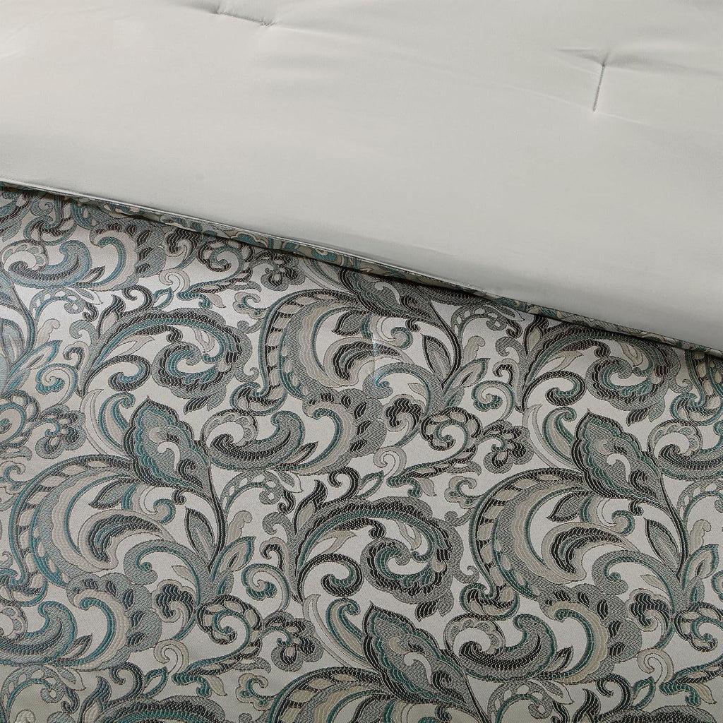 Madison Park 24 Piece Faux Silk Paisley Queen Comforter Set with Matching Curtains, Down Alternative Hypoallergenic - Teal, Queen (90 in x 90 in)