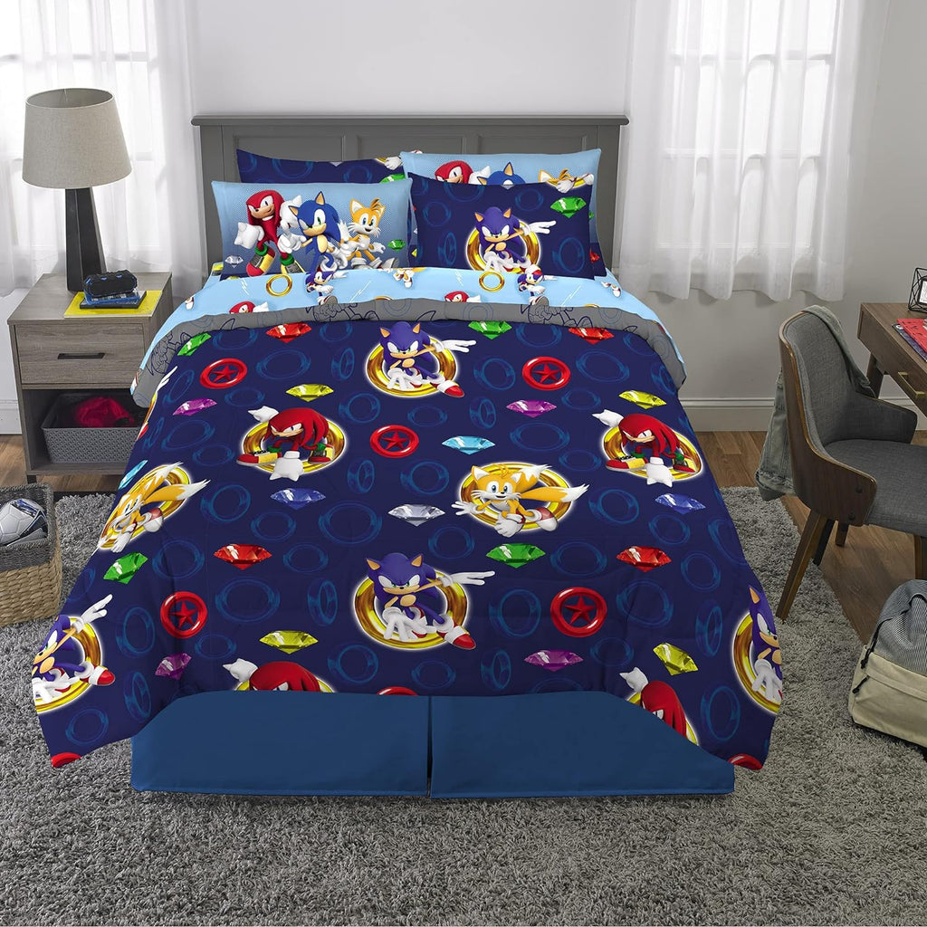 Franco Sonic The Hedgehog Anime Kids Bedding Super Soft Comforter and Sheet Set with Sham, 7 Piece Queen Size, (Official Licensed Product)