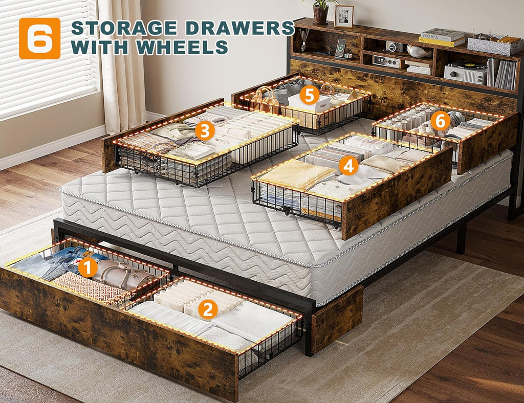EnHomee Queen Bed Frame with 6 Storage Drawers, Headboard & Charging Station, Noise-Free Metal Platform Bed, No Box Spring Needed,Vintage Brown