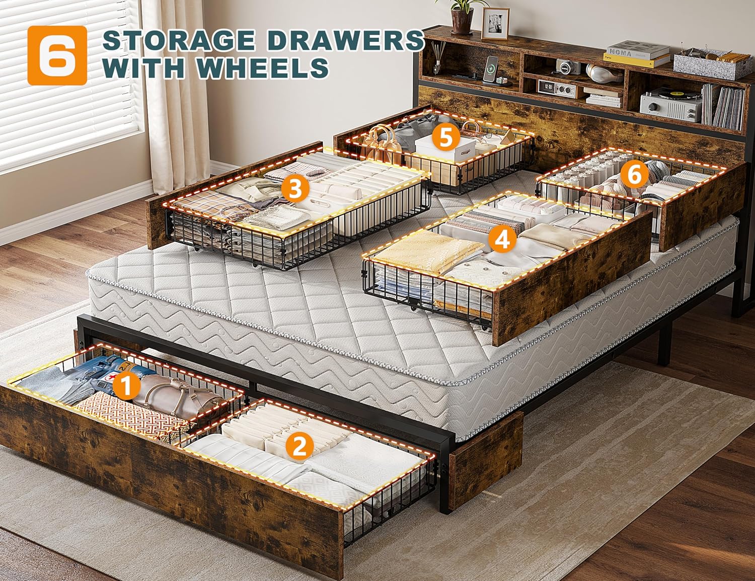 EnHomee Queen Bed Frame with 6 Storage Drawers, Headboard & Charging Station, Noise-Free Metal Platform Bed, No Box Spring Needed,Vintage Brown