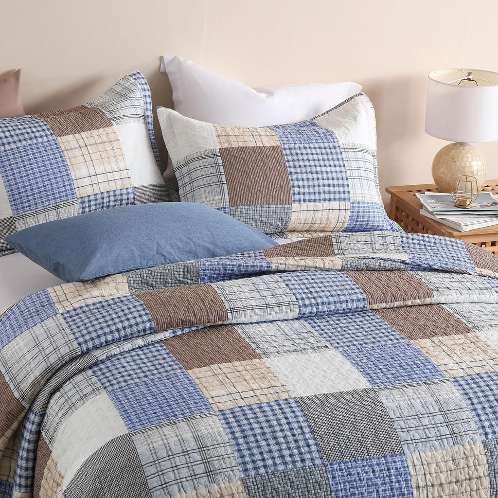 Secgo Queen Comforter Set for Bed - 100% Cotton Quilts Queen Size, Bule, Plaid Bedspreads (90 * 98 Inch) with 2 Pillow Shams, Patchwork Reversible Lightweight Bedding