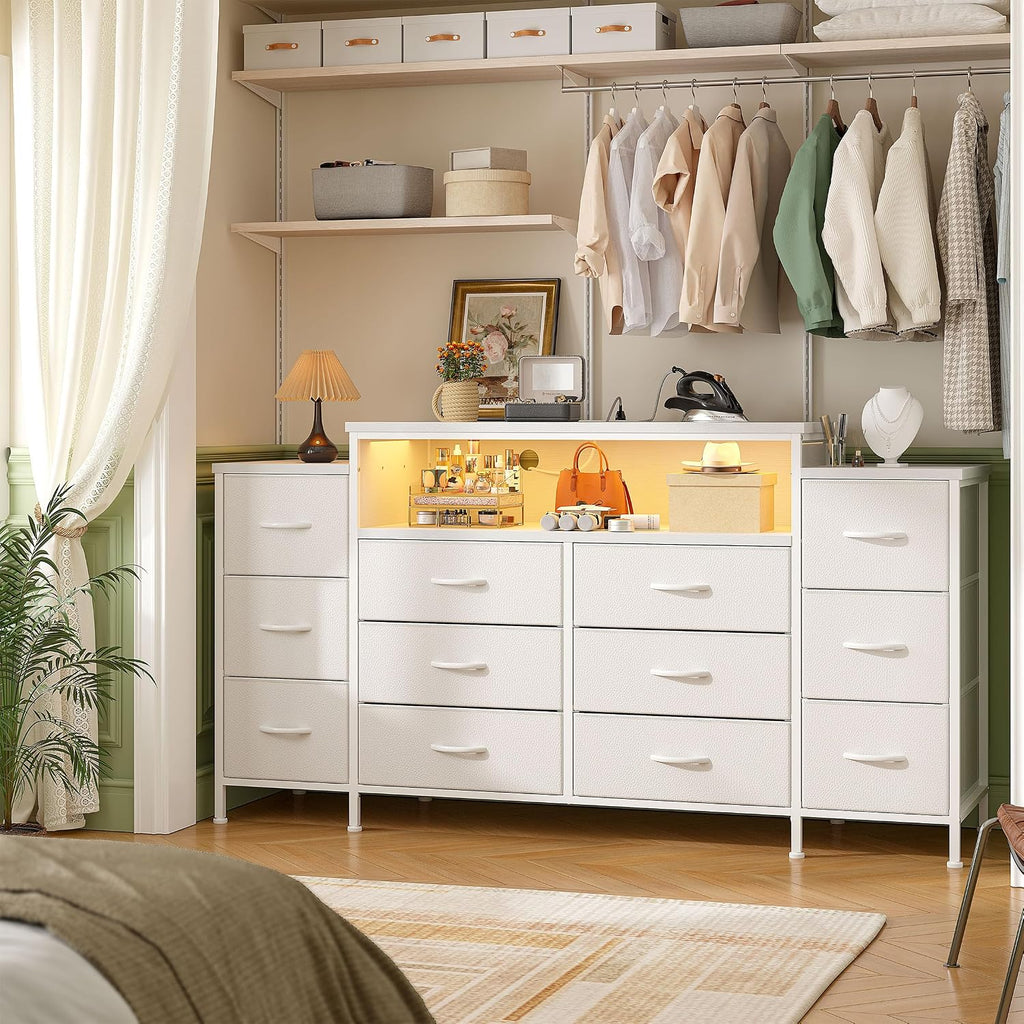 EnHomee 55' W Dresser for Bedroom with LED Lights & Charging Station 12 Drawer Dressers & Chests of Drawers Dresser TV Stand for Bedroom for Hanging 65' TV, Metal Frame & Fabric Drawers, White