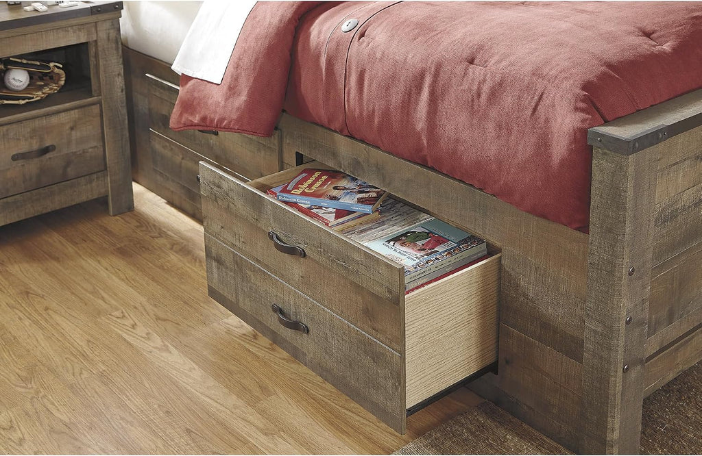 Signature Design by Ashley Trinell Casual Full Bookcase Platform Bed with 2 Storage Drawers and Nailheads, Foundation or Box Spring Not Needed, Dark Brown
