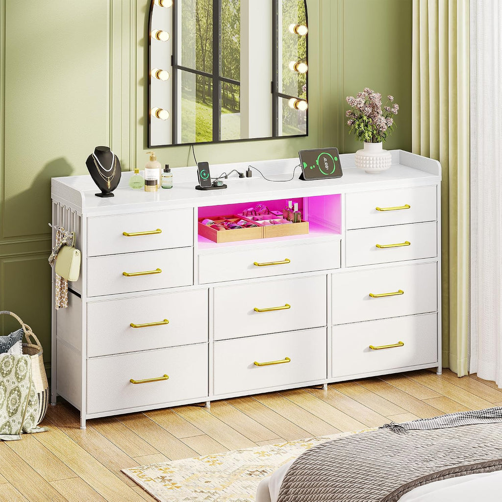 EnHomee Dresser TV Stand with 11 Drawers, 60' TV Stand with LED Lights & Power Outlets, White Dresser for Bedroom with Shelves & 5 Hooks for Dorm, Hallway