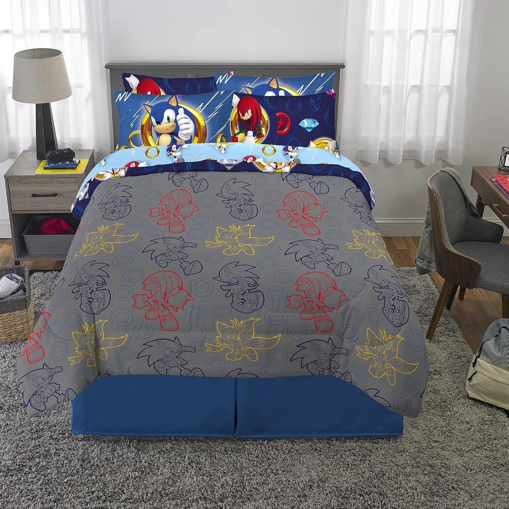 Franco Sonic The Hedgehog Anime Kids Bedding Super Soft Comforter and Sheet Set with Sham, 7 Piece Queen Size, (Official Licensed Product)