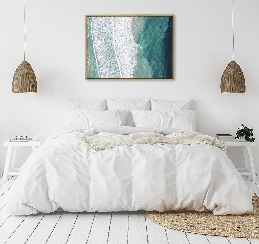 Kate and Laurel Sylvie Ocean Waves by the Bay Framed Canvas Wall Art by The Creative Bunch Studio; 28x38 Natural; Ocean Coastal Landscape Wall Décor