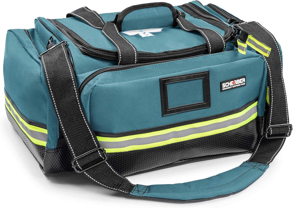 Scherber Fully-Stocked First Responder Professional Advanced EMT/EMS Trauma Kit | HSA/FSA Approved | Reflective Bag w/10+ Compartments, Zippered Pockets & 250+ First Aid Supplies (Blue)